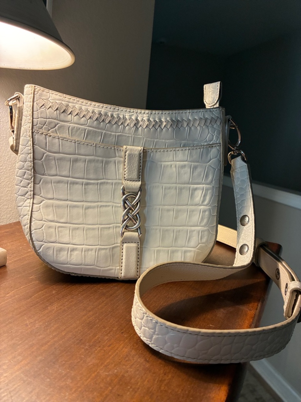 Brighton Cream Croc-Embossed Crossbody with Interlace Accent